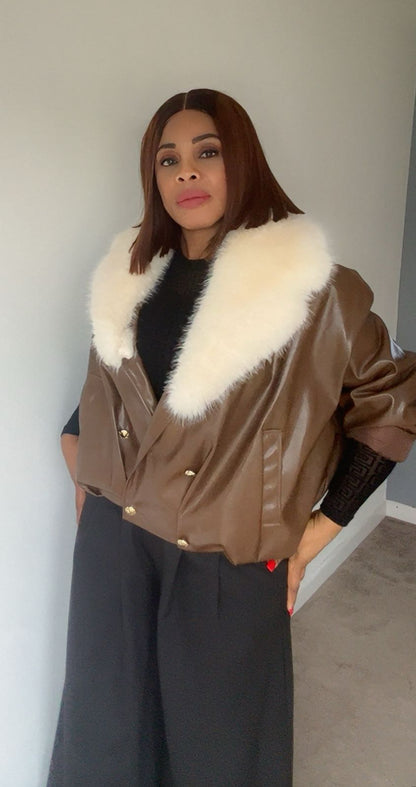 BROWN OVERSIZED LEATHER FAUX FUR JACKET . TU
