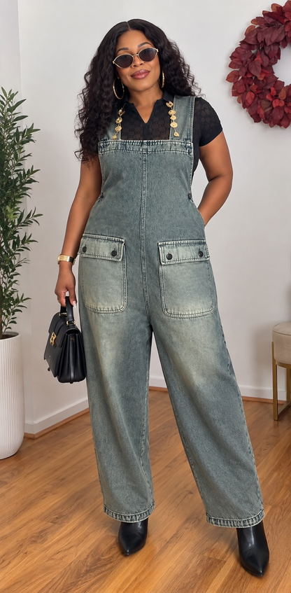 Washed Denim Wide-Leg Dungarees