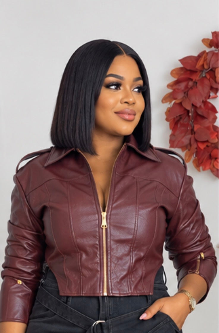 Burgundy Cropped Faux Leather Jacket