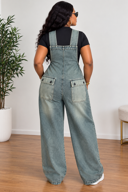 Washed Denim Wide-Leg Dungarees