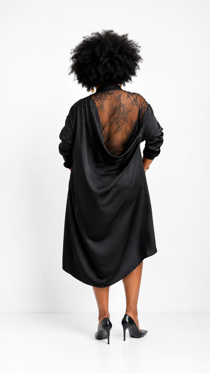 Black Elegant Shirt Dress – Lace Back
/ Robe Chemise Élégance Noire – Dos Dentelle