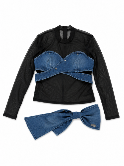 Denim Illusion Top – Signature Bow/ 
 Haut Denim Illusion – Nœud Signature